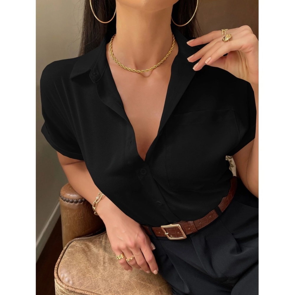Black Casual Button Up / Down Shirt Collar, V-Neck Button Front Short Sleeve